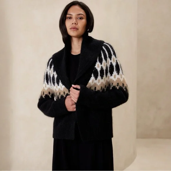 Banana Republic Fair Isles Black and Tan Patterned Alpaca Cardigan Sz L - Picture 1 of 10